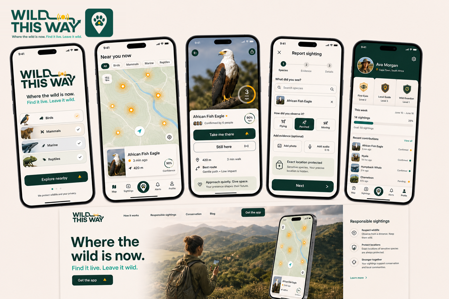 Illustrative Wild This Way map design with wildlife filters and a sample sighting card